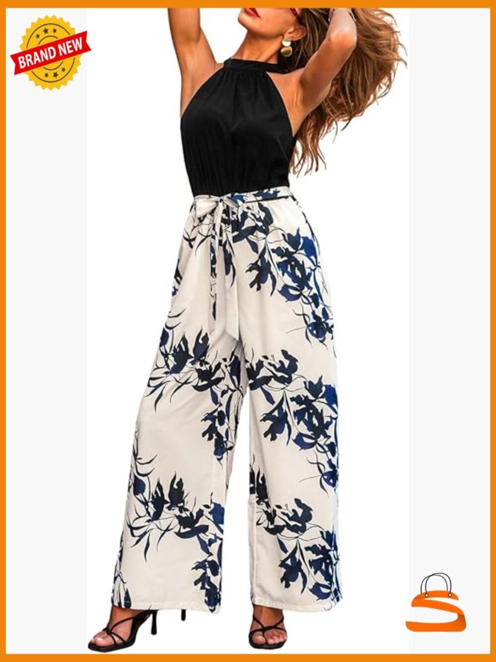 Halter Neck Wide Leg Jumpsuit Printed Casual Overalls Summer Vacation Outfit